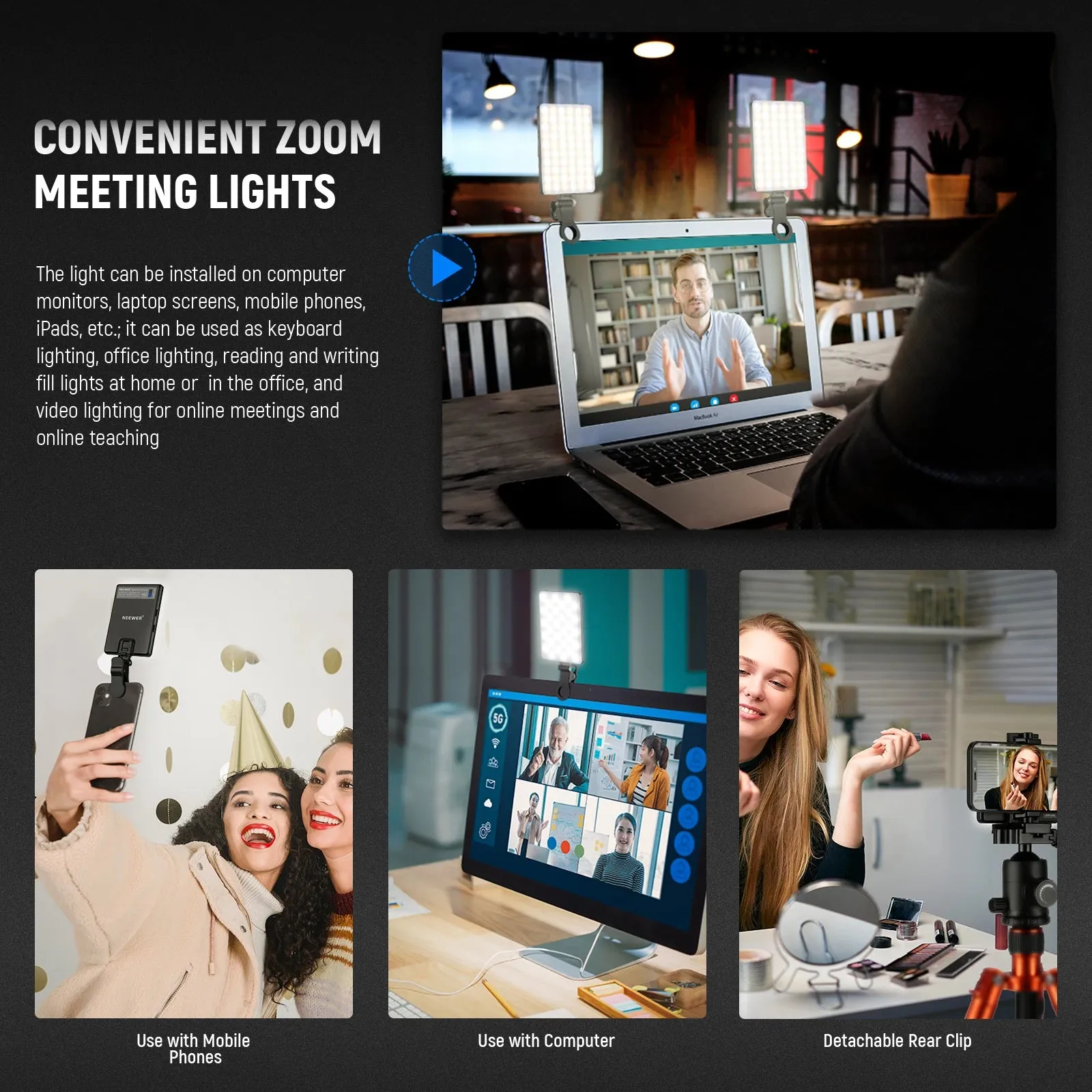 2pcs Selfie Lights with Front & Back Phone Clip 60 Led High Power 95 Cri Video Light 2000mah Rechargeable
