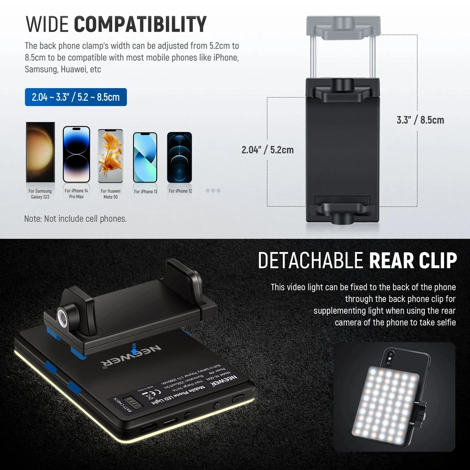 2pcs Selfie Lights with Front & Back Phone Clip 60 Led High Power 95 Cri Video Light 2000mah Rechargeable