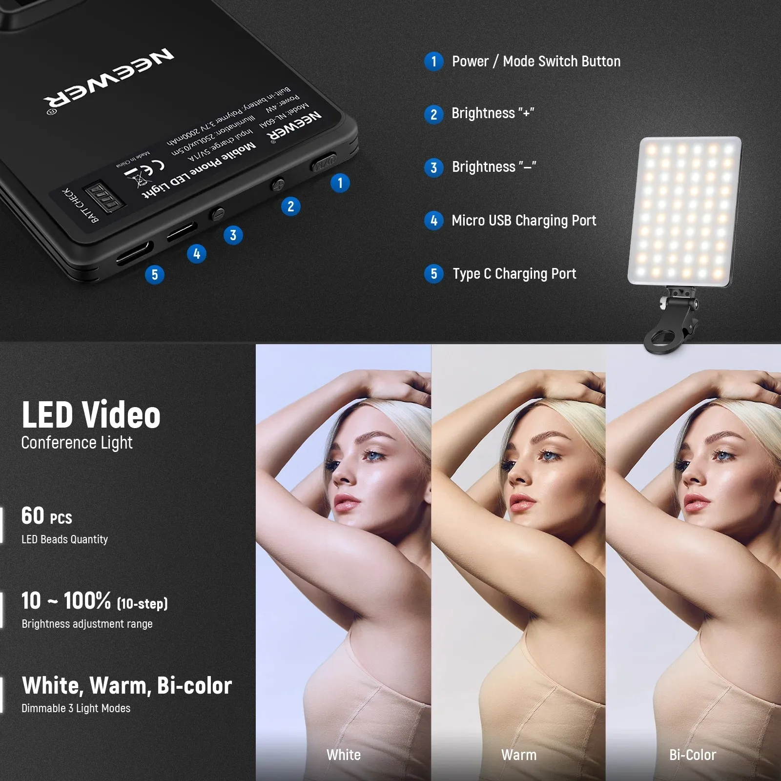 2pcs Selfie Lights with Front & Back Phone Clip 60 Led High Power 95 Cri Video Light 2000mah Rechargeable