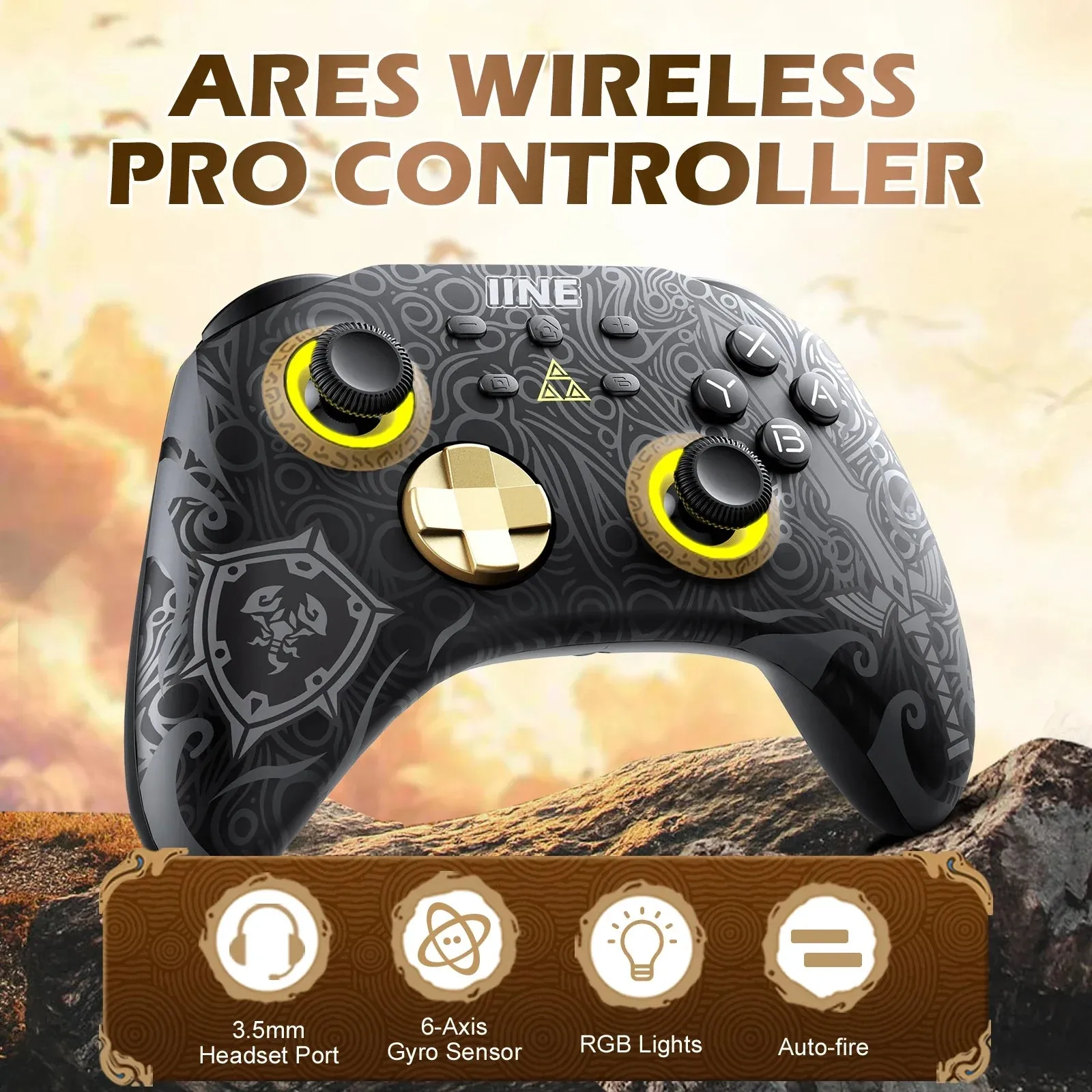 Ares Wireless Pro Controller with Headset Jack Rgb Light Compatible Nintendo Switch Steam