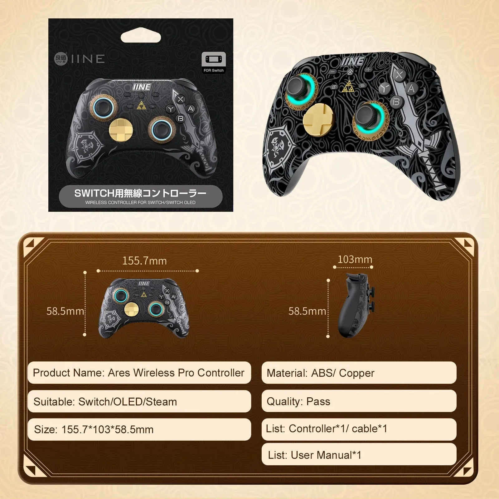 Ares Wireless Pro Controller with Headset Jack Rgb Light Compatible Nintendo Switch Steam