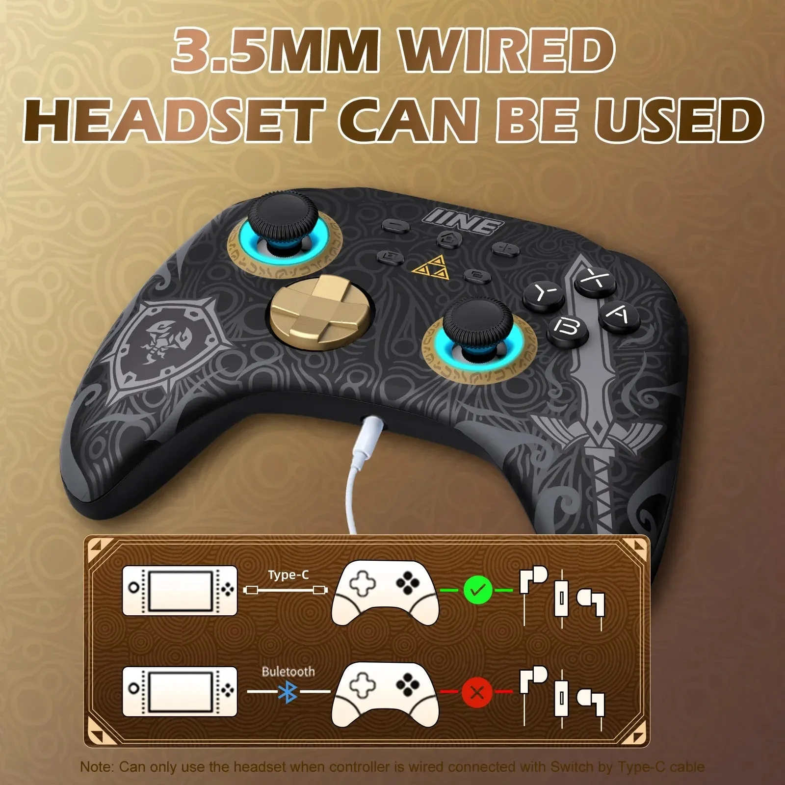 Ares Wireless Pro Controller with Headset Jack Rgb Light Compatible Nintendo Switch Steam