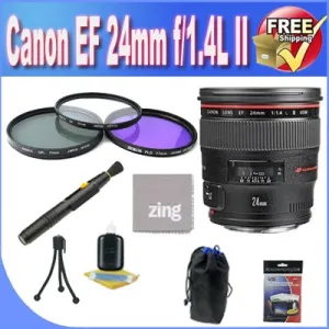 Canon EF 24mm f/1.4 L USM II Wide Angle Lens   3 Piece Filter Kit   Lens Case   Zing MicroFiber Cleaning Cloth   Lens Pen Cleaner   Lens Accessory Saver Bundle
