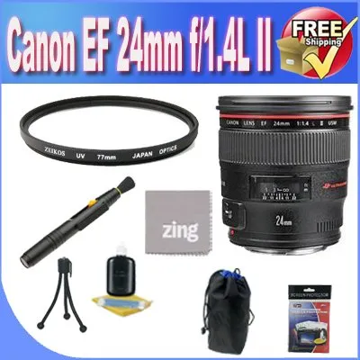Canon EF 24mm f/1.4 L USM II Wide Angle Lens   UV Filter   Lens Case   Zing MicroFiber Cleaning Cloth   Lens Pen Cleaner   Lens Accessory Saver Bundle