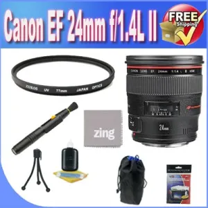 Canon EF 24mm f/1.4 L USM II Wide Angle Lens   UV Filter   Lens Case   Zing MicroFiber Cleaning Cloth   Lens Pen Cleaner   Lens Accessory Saver Bundle