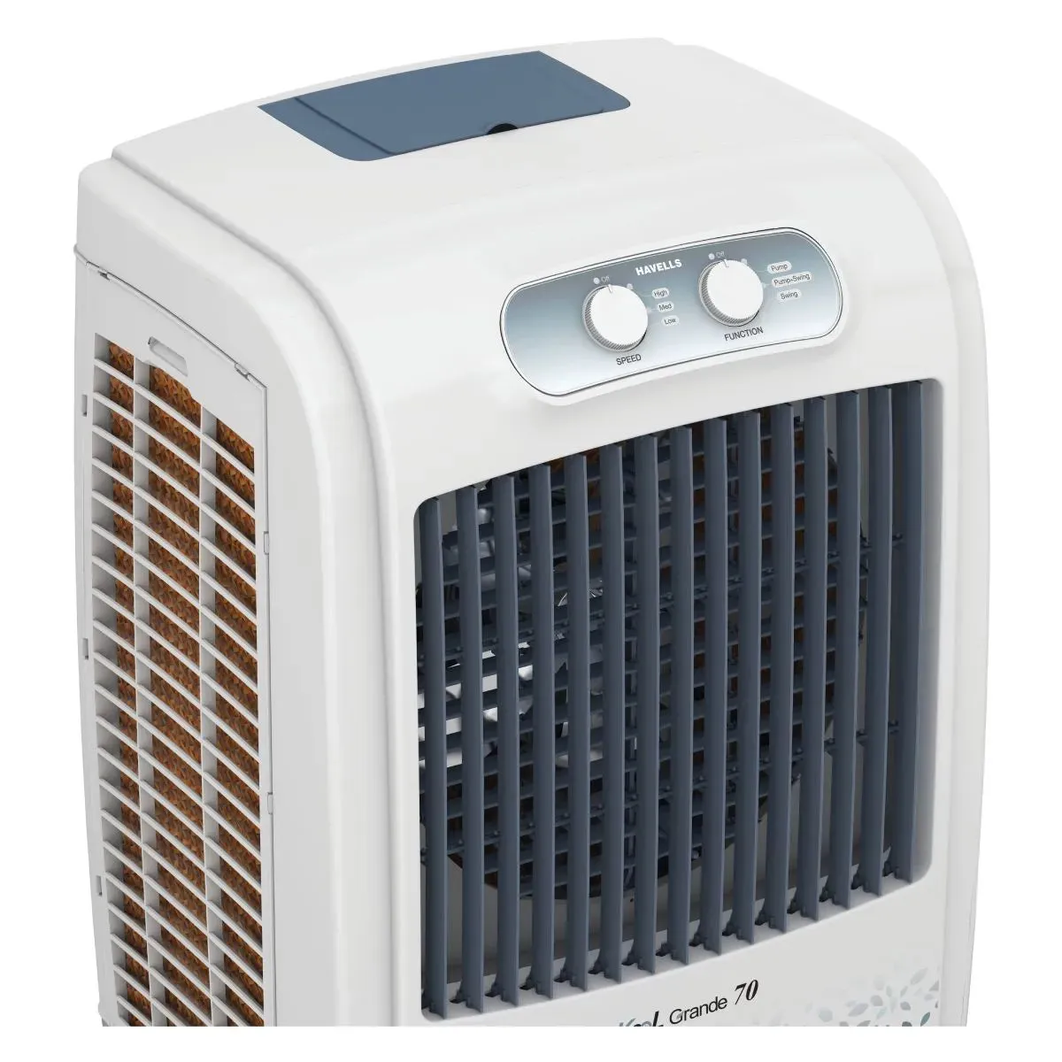 Havells KoolGrande 70L Desert Air Cooler  3-Side Honeycomb Pads with Bacteria Shield, Ice Chamber, Bed-Height Fan, Inverter Compatible, White & Grey (GHRACBKE070)