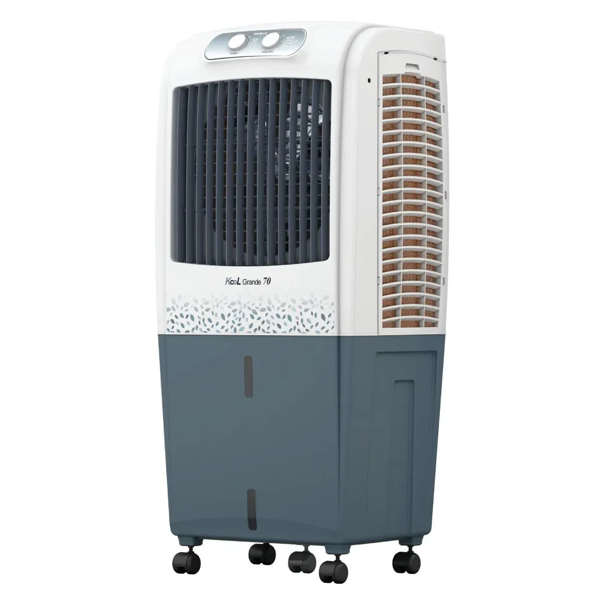 Havells KoolGrande 70L Desert Air Cooler  3-Side Honeycomb Pads with Bacteria Shield, Ice Chamber, Bed-Height Fan, Inverter Compatible, White & Grey (GHRACBKE070)