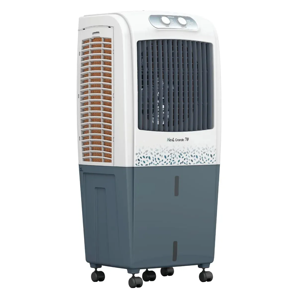 Havells KoolGrande 70L Desert Air Cooler  3-Side Honeycomb Pads with Bacteria Shield, Ice Chamber, Bed-Height Fan, Inverter Compatible, White & Grey (GHRACBKE070)