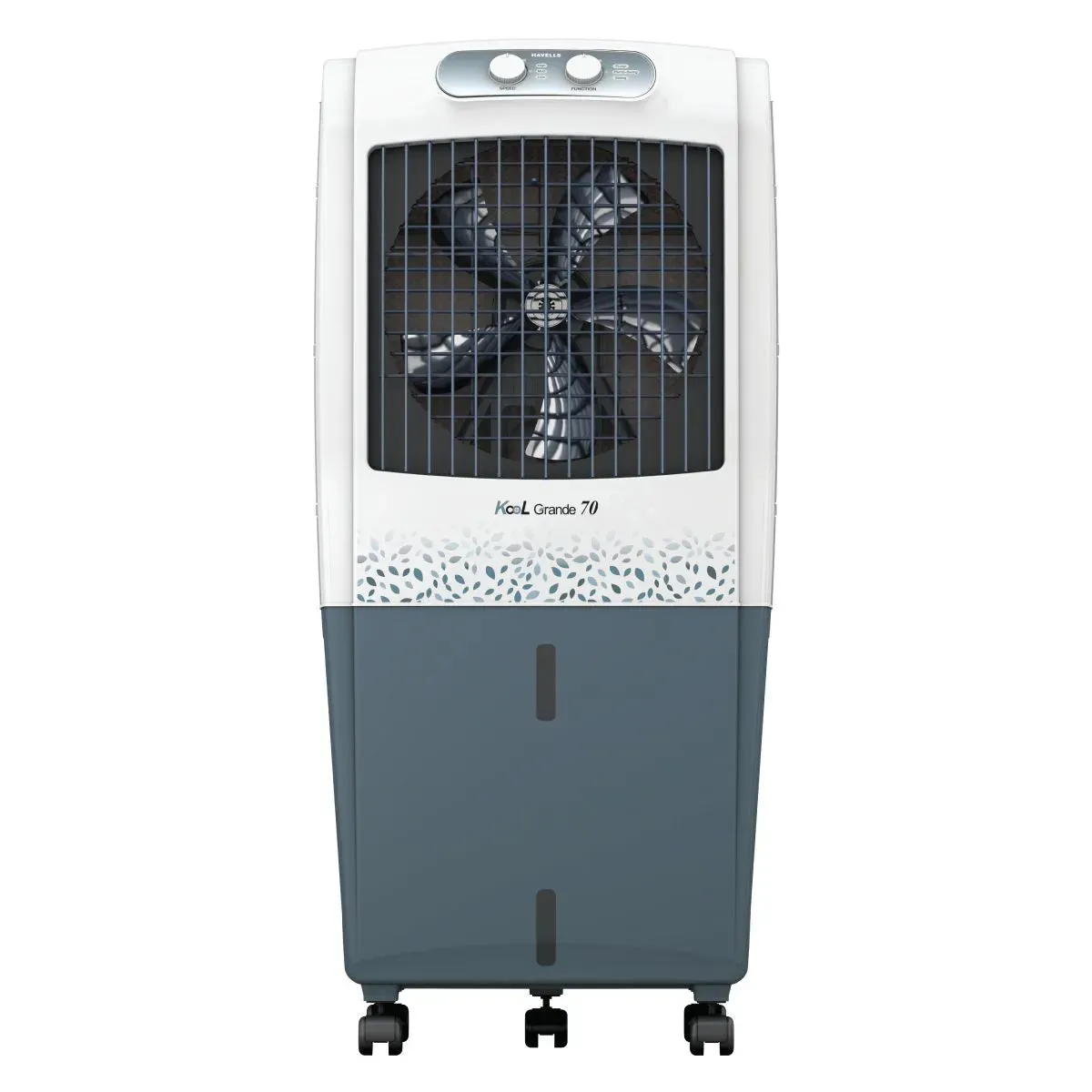 Havells KoolGrande 70L Desert Air Cooler  3-Side Honeycomb Pads with Bacteria Shield, Ice Chamber, Bed-Height Fan, Inverter Compatible, White & Grey (GHRACBKE070)