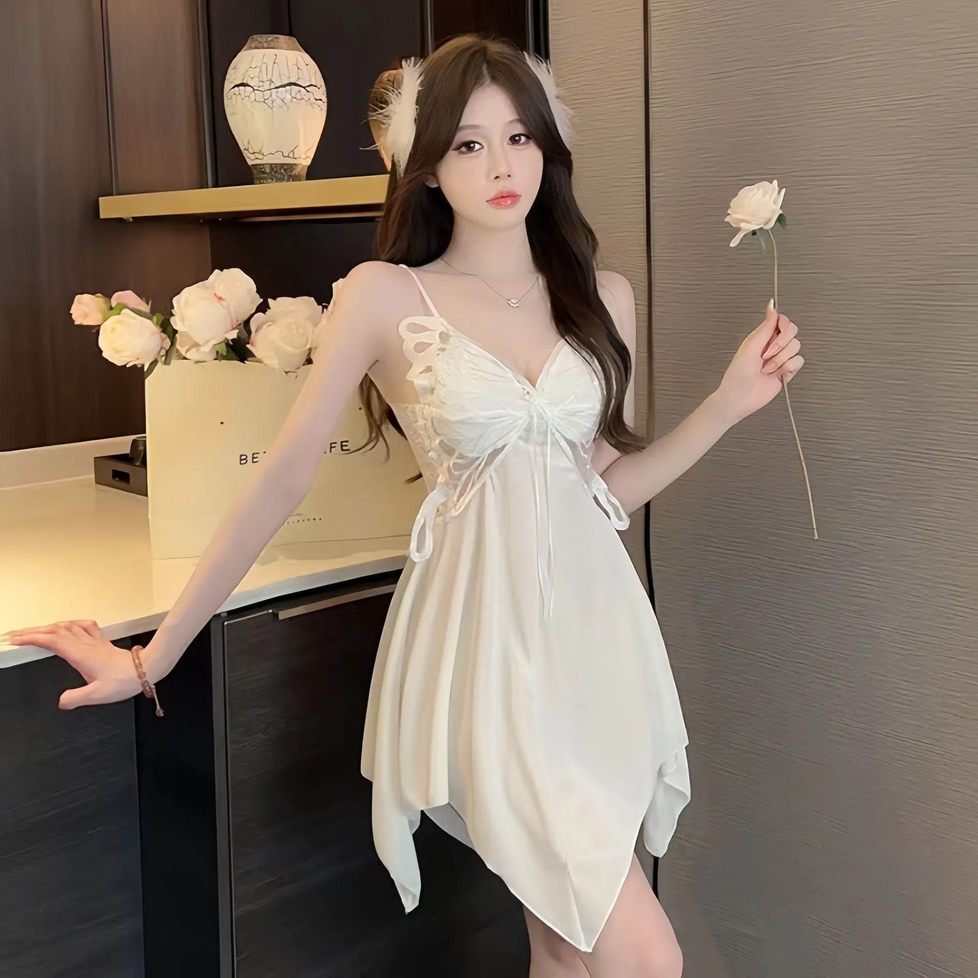 Live Streaming Starry Sky Shimmer Pajamas Velvet Women's Two-Piece Set Nightdress with Chest Pads Sexy Butterfly Fly