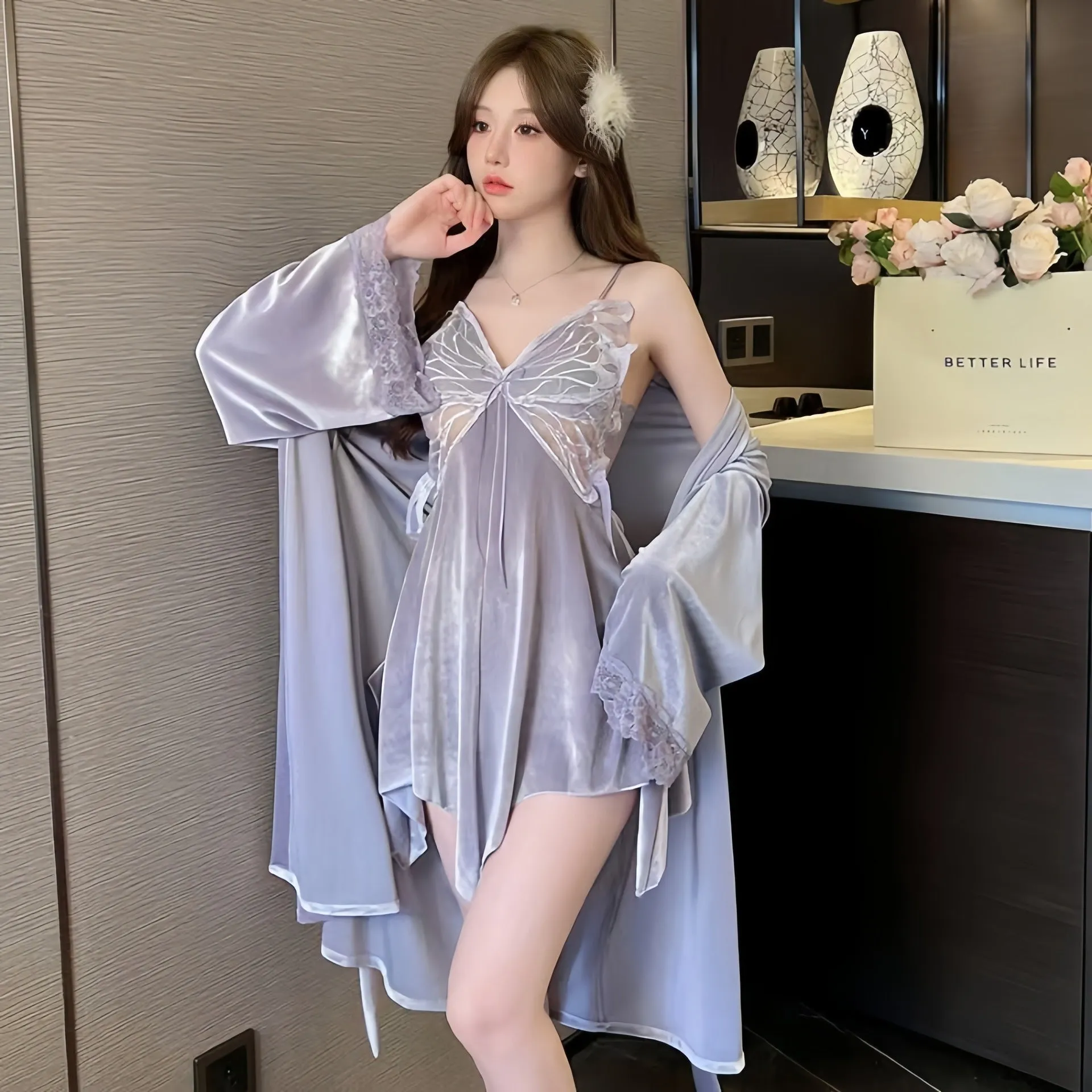 Live Streaming Starry Sky Shimmer Pajamas Velvet Women's Two-Piece Set Nightdress with Chest Pads Sexy Butterfly Fly