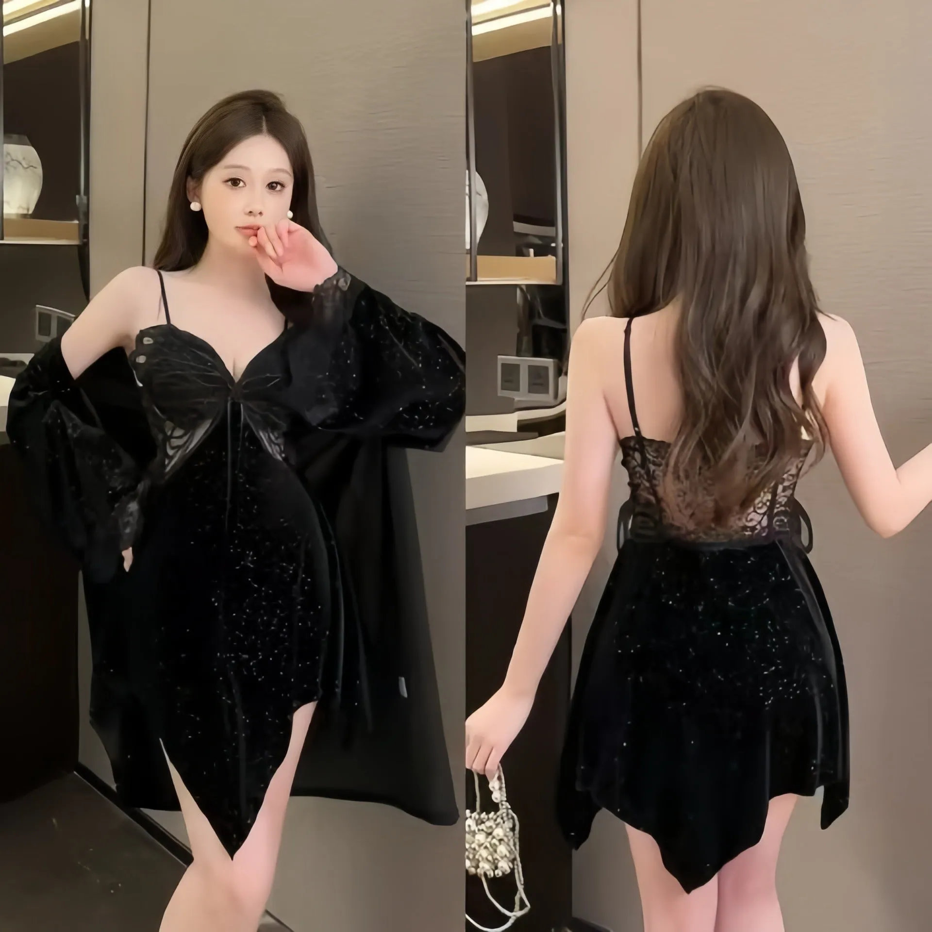 Live Streaming Starry Sky Shimmer Pajamas Velvet Women's Two-Piece Set Nightdress with Chest Pads Sexy Butterfly Fly
