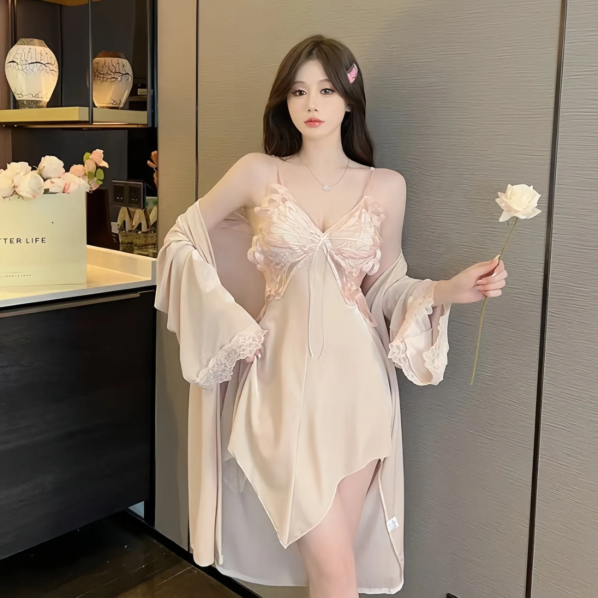 Live Streaming Starry Sky Shimmer Pajamas Velvet Women's Two-Piece Set Nightdress with Chest Pads Sexy Butterfly Fly