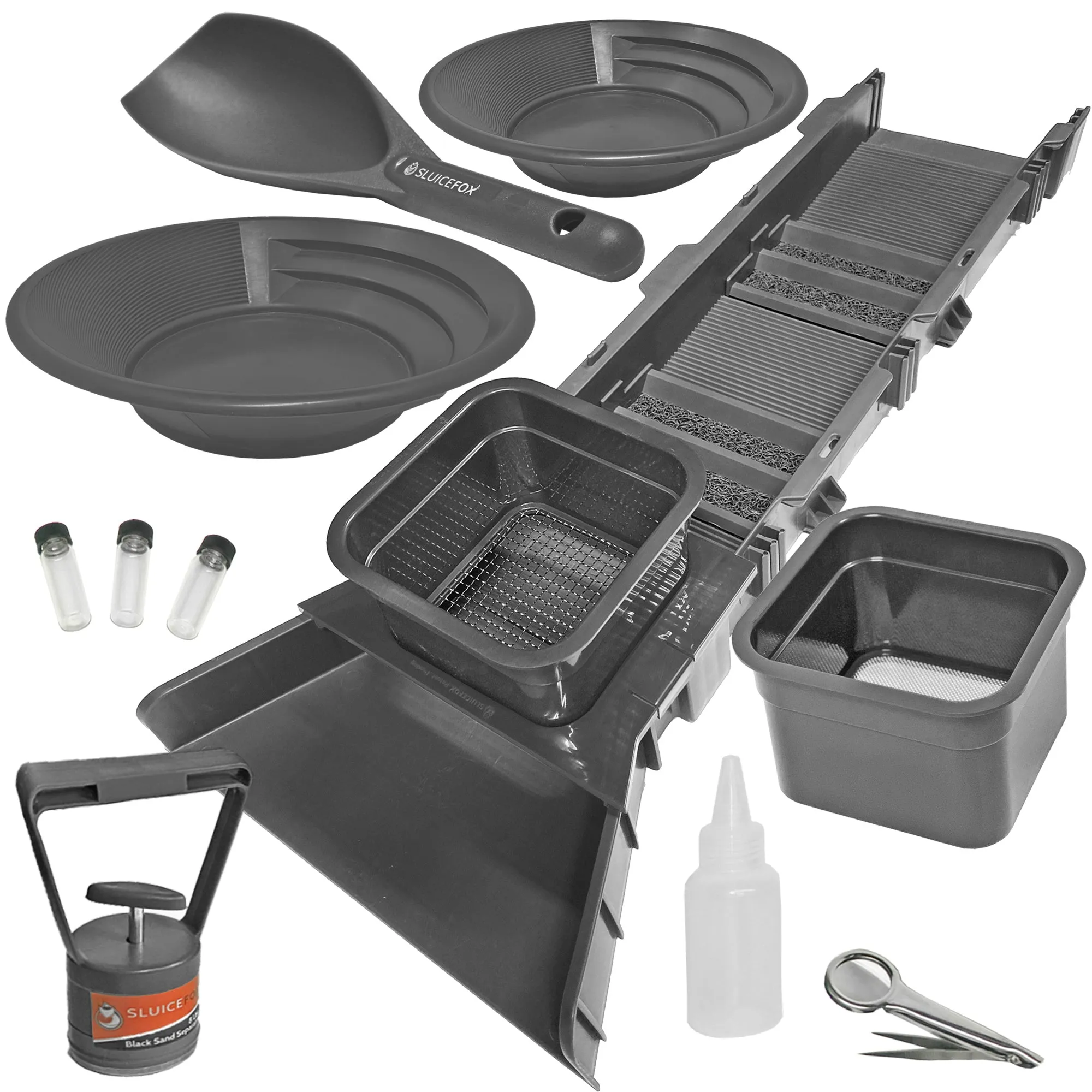 Sluice Box Compact Gold Panning Kit; portable sluice box and 2 classifier sifting pans; classify while you sluice with this patented prospecting tool set (green color)