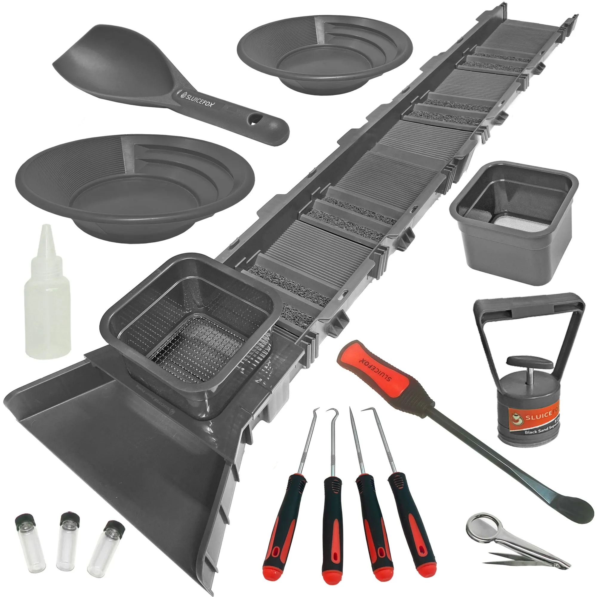 Sluice Box Compact Gold Panning Kit; portable sluice box and 2 classifier sifting pans; classify while you sluice with this patented prospecting tool set (green color)