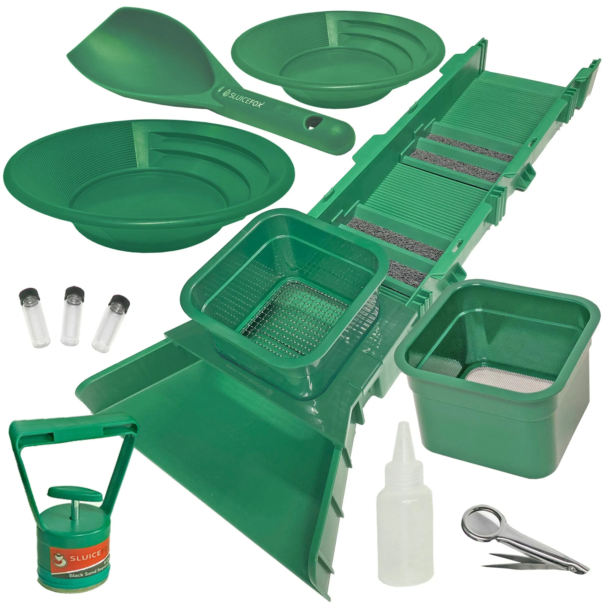 Sluice Box Compact Gold Panning Kit; portable sluice box and 2 classifier sifting pans; classify while you sluice with this patented prospecting tool set (green color)