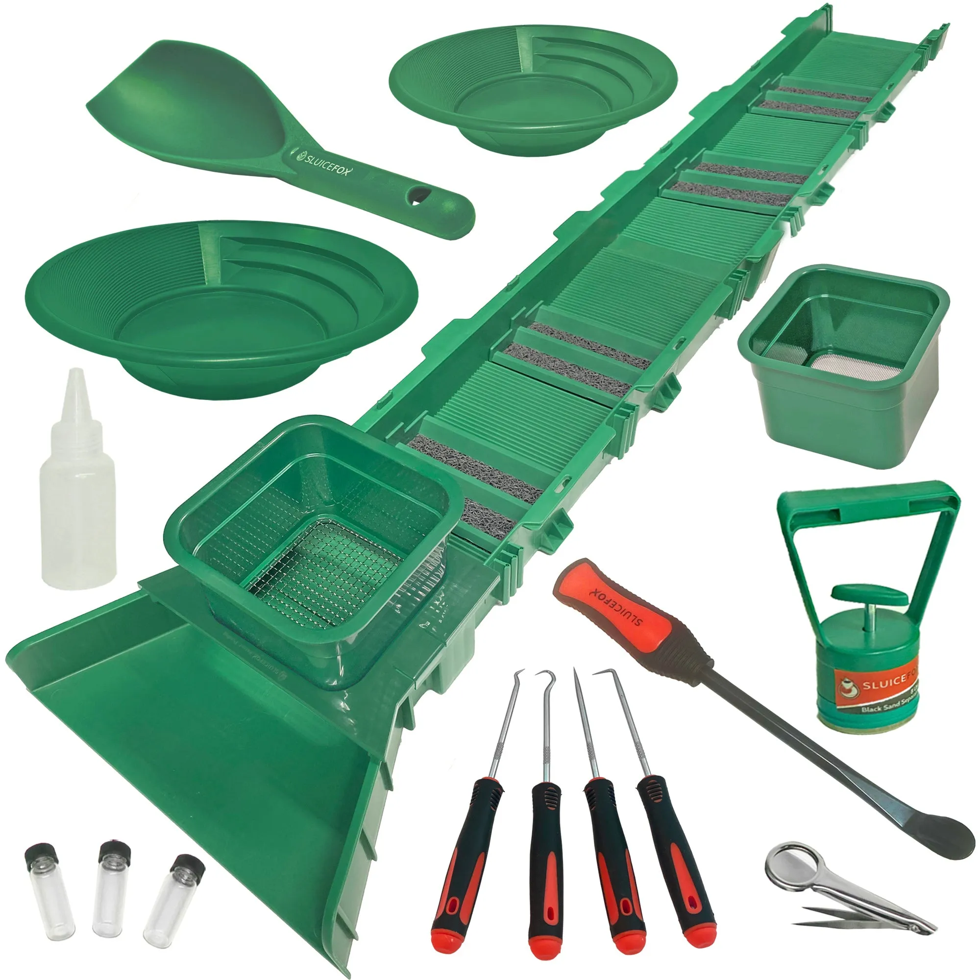 Sluice Box Compact Gold Panning Kit; portable sluice box and 2 classifier sifting pans; classify while you sluice with this patented prospecting tool set (green color)