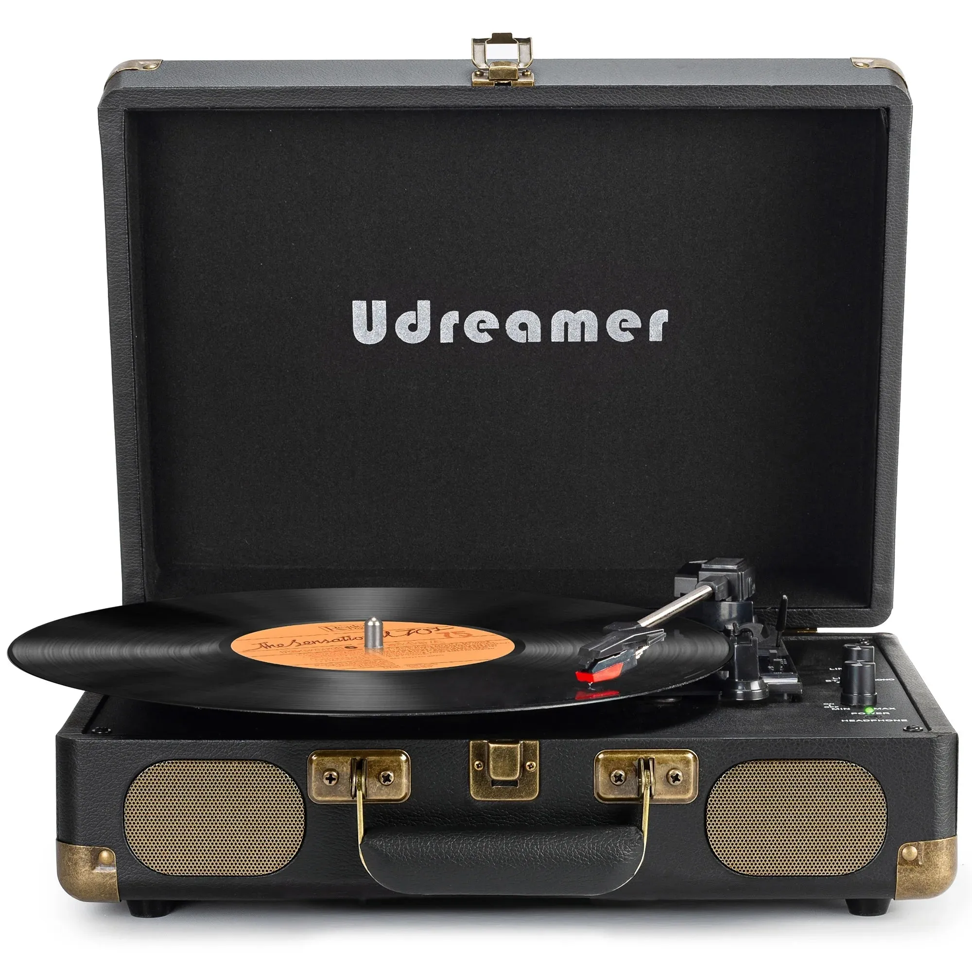Udreamer Bluetooth Portable Suitcase Record Player with 3-speed Turntable & Built-in Speakers | Black