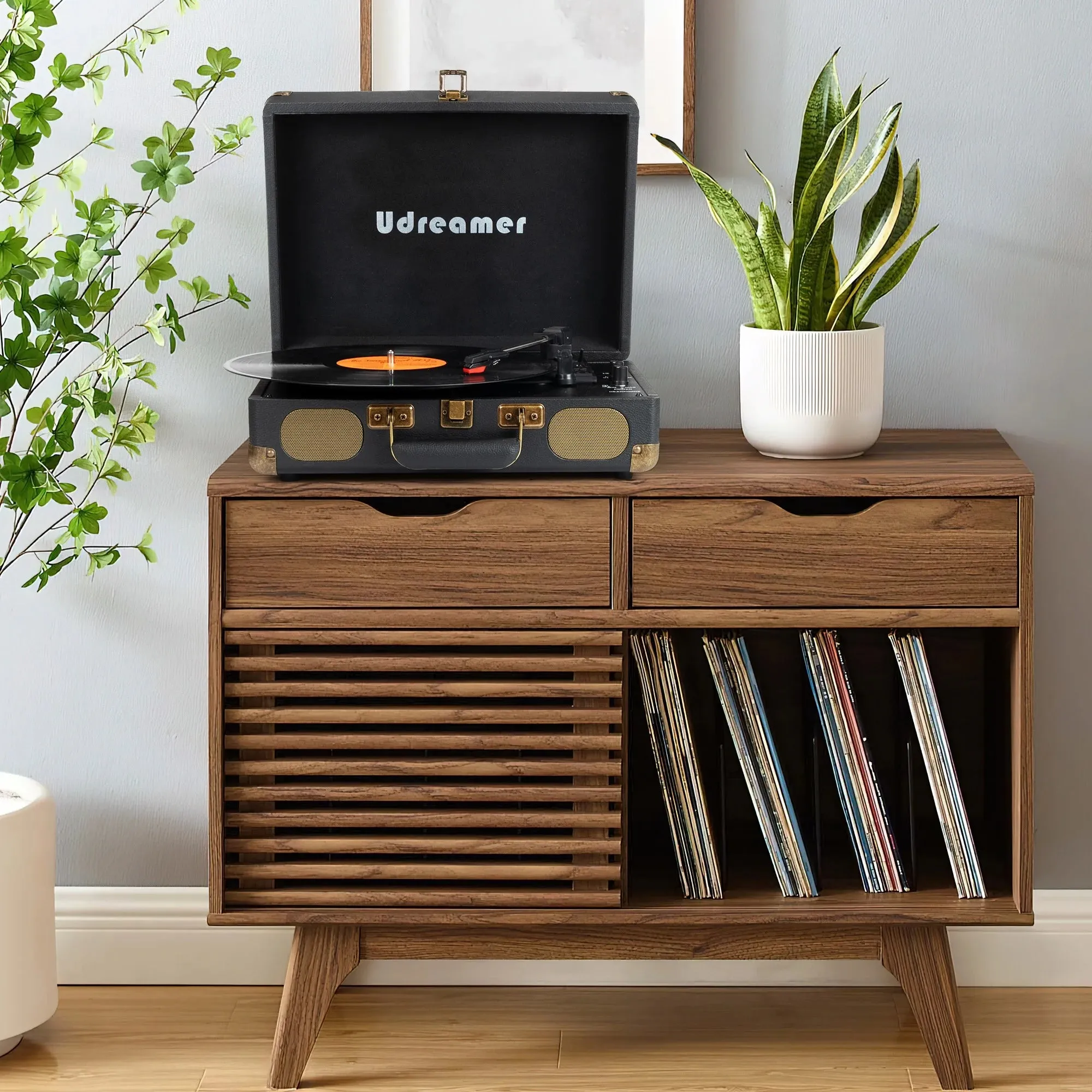 Udreamer Bluetooth Portable Suitcase Record Player with 3-speed Turntable & Built-in Speakers | Black