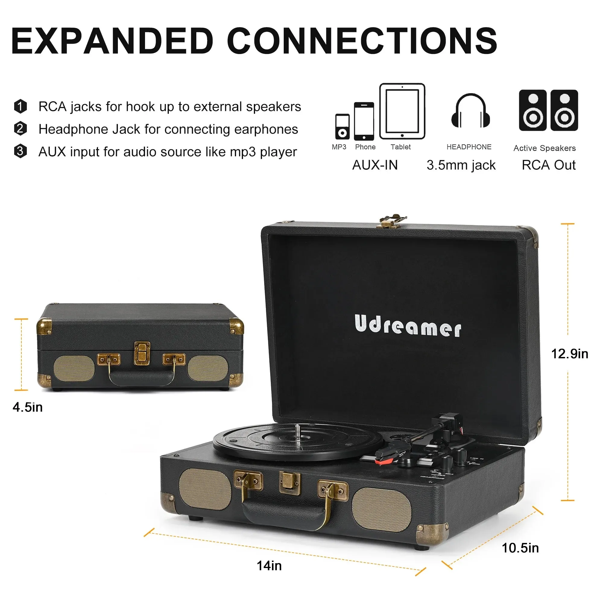 Udreamer Bluetooth Portable Suitcase Record Player with 3-speed Turntable & Built-in Speakers | Black