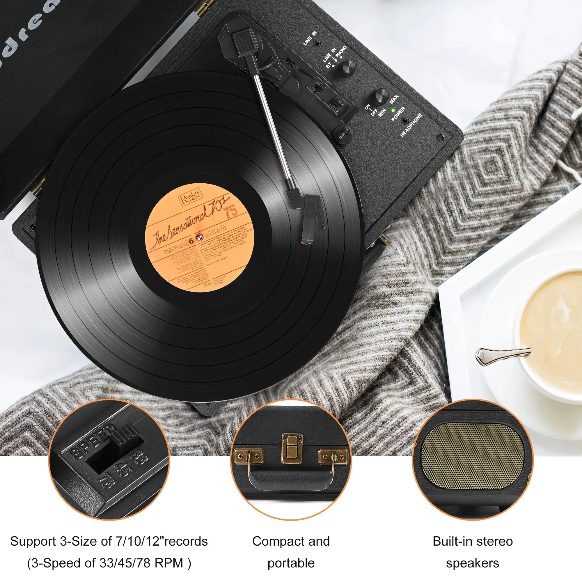 Udreamer Bluetooth Portable Suitcase Record Player with 3-speed Turntable & Built-in Speakers | Black