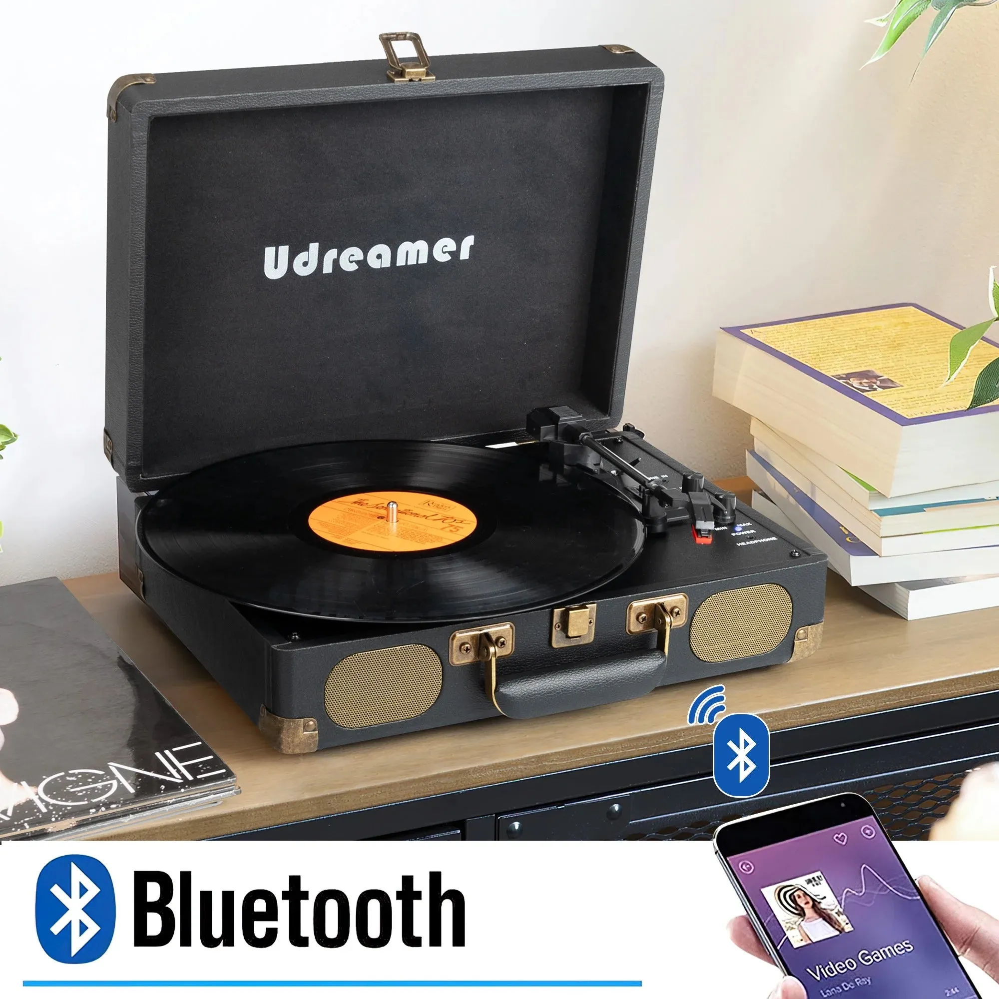 Udreamer Bluetooth Portable Suitcase Record Player with 3-speed Turntable & Built-in Speakers | Black