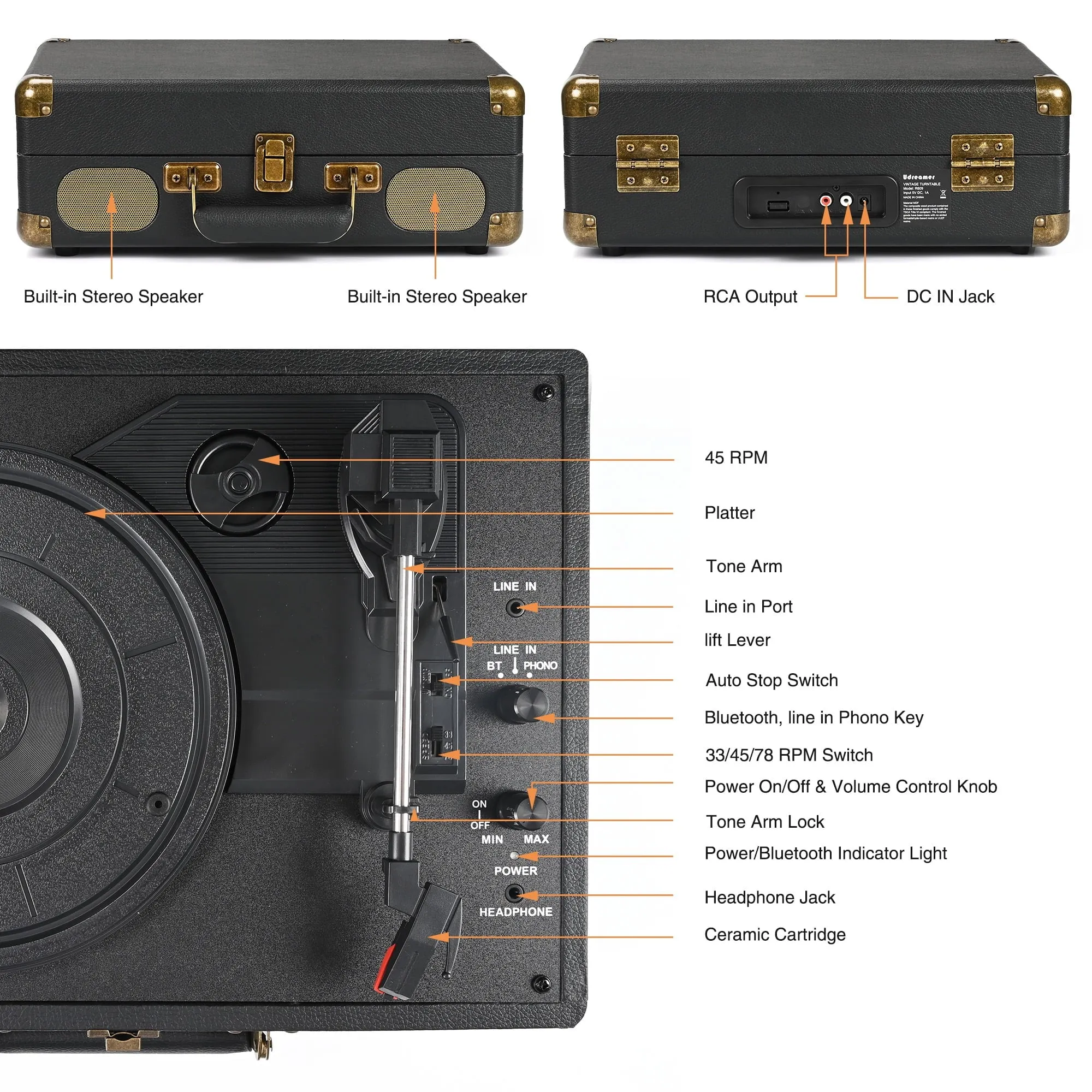 Udreamer Bluetooth Portable Suitcase Record Player with 3-speed Turntable & Built-in Speakers | Black