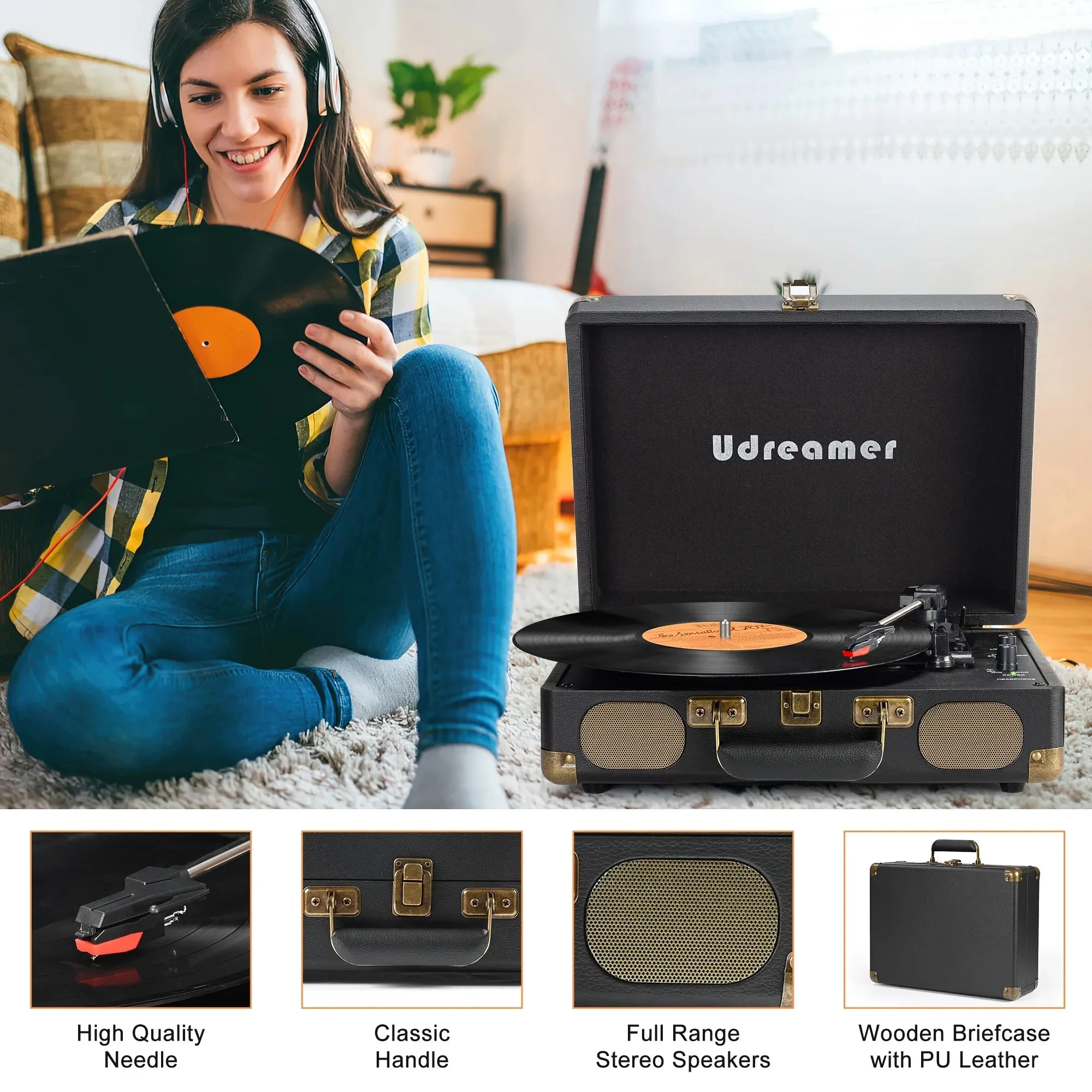 Udreamer Bluetooth Portable Suitcase Record Player with 3-speed Turntable & Built-in Speakers | Black